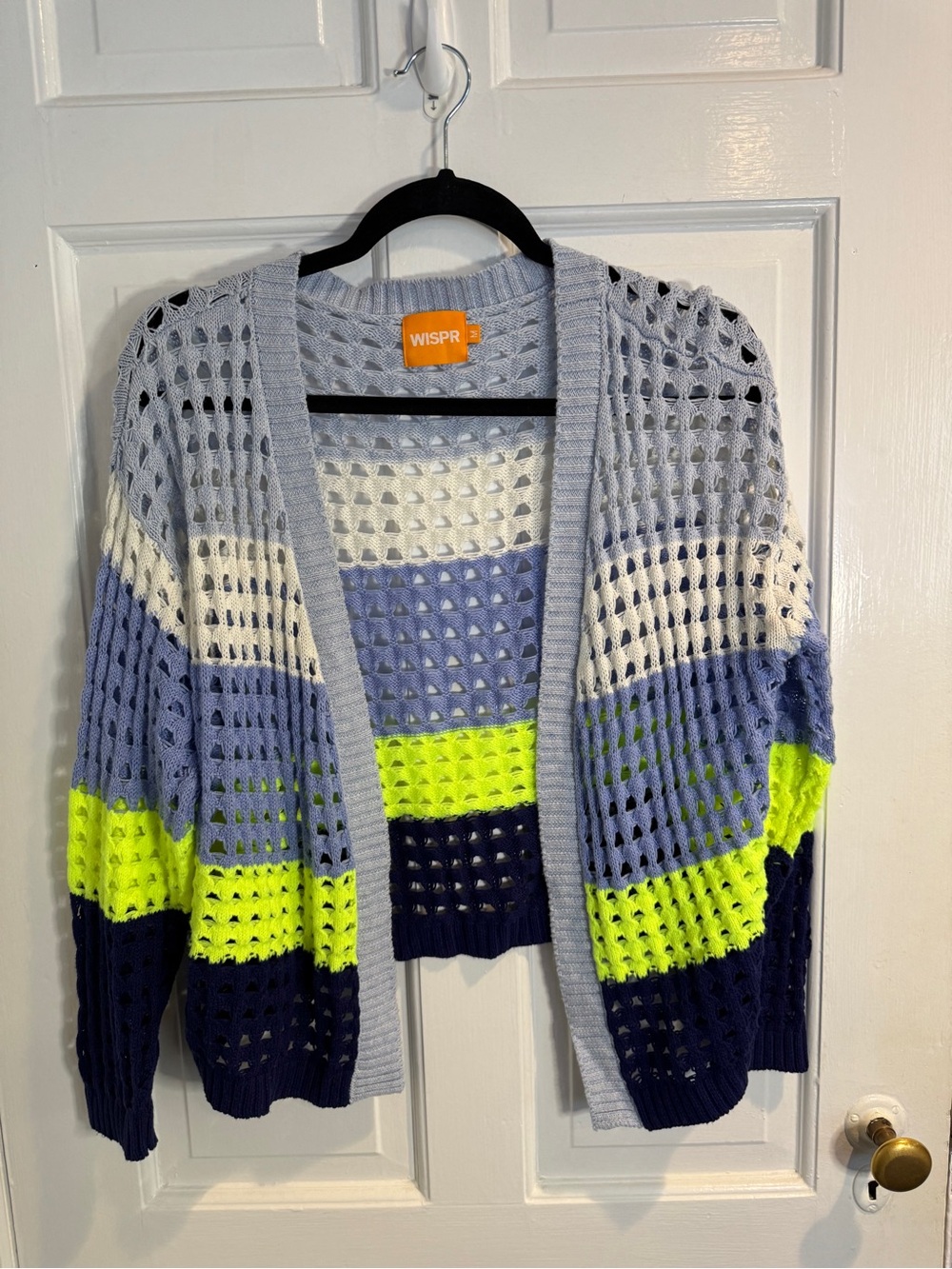 WISPR-Colorblock Open-Knit Cardigan - Light Blue, Navy & Neon Yellow